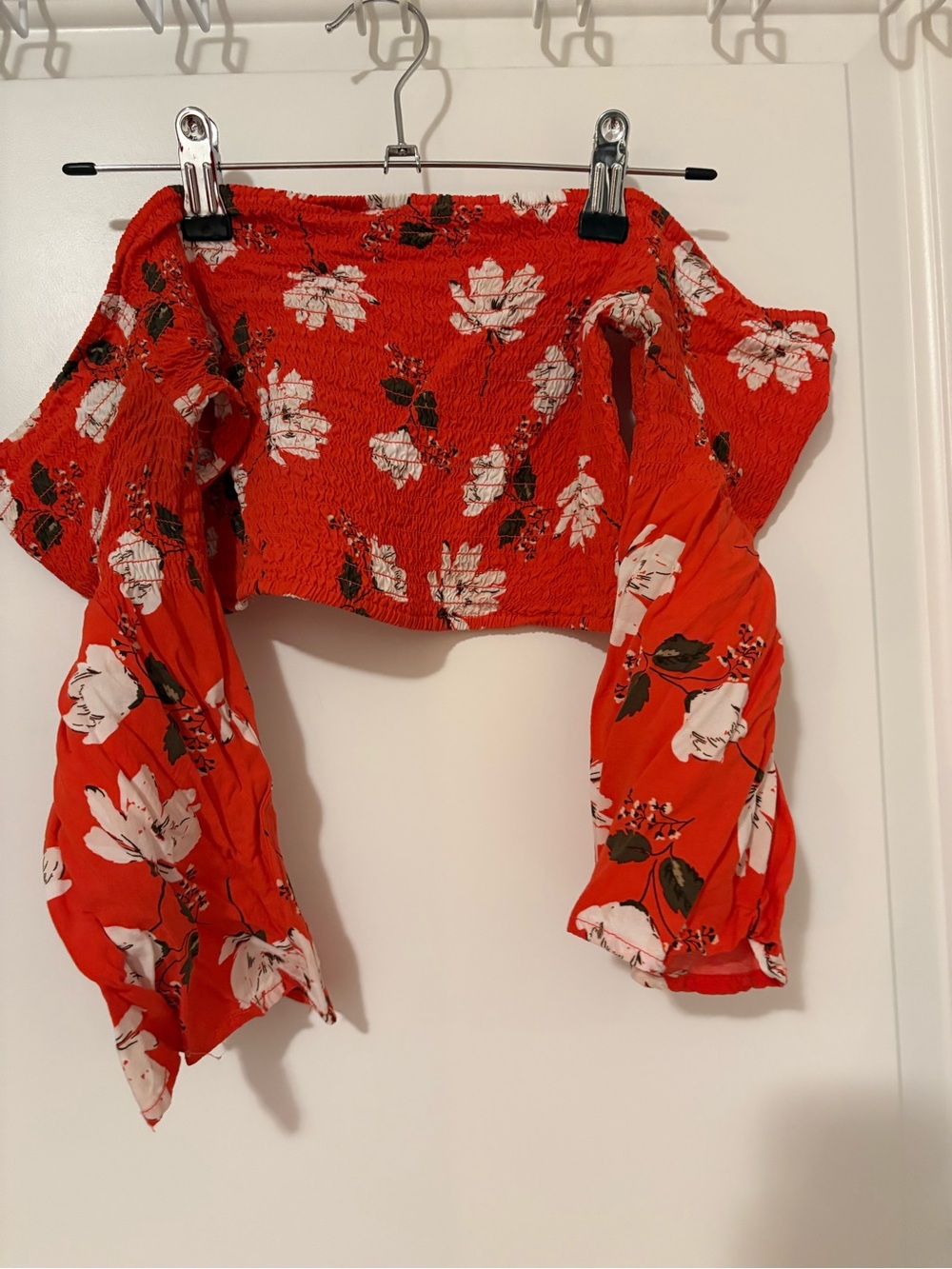 Garage Red Floral Off-Shoulder Smocked Crop Top